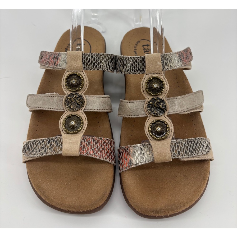 Taos Prize 4 Sandals Women's 6 Tan Snakeskin Print Medallion Adjustable Straps